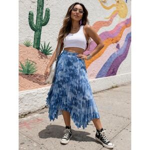 Boho Fairycore Susan Graver Blue White TieDye Pleats Sharkbite Hem Midi M Skirt